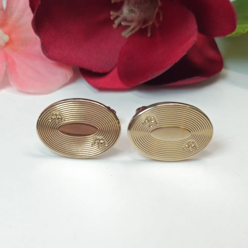 Vintage Gold Plated Oval Etched Crown Cuff Links